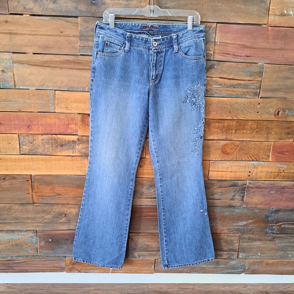 Eddie‎ Bauer Womens Jeans Size 10 x 31" Blue Floral Embroidered Leg Denim Flare